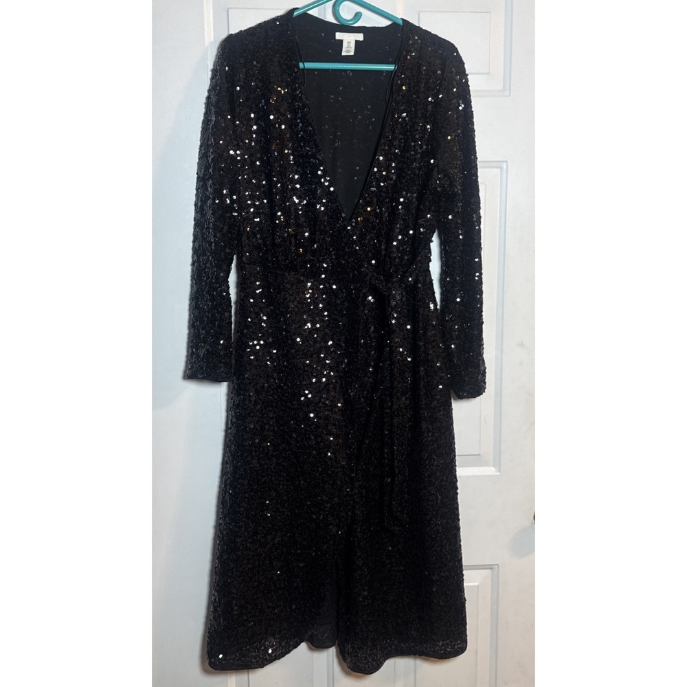 H&M‎ Black Sequin Party Dress Women's Medium All‑Over Sequins V‑Neck Long Sleeve